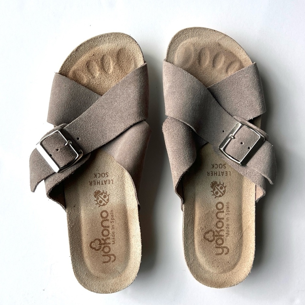 Yokono Spain Low Wedge Criss Cross Suede Slide Sandals Womens Size 8 Shoes Taupe